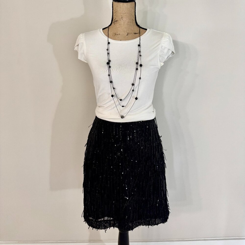 LOFT Coquette Black Sequin Fringe Skirt – Elegant Eveningwear, NWT
